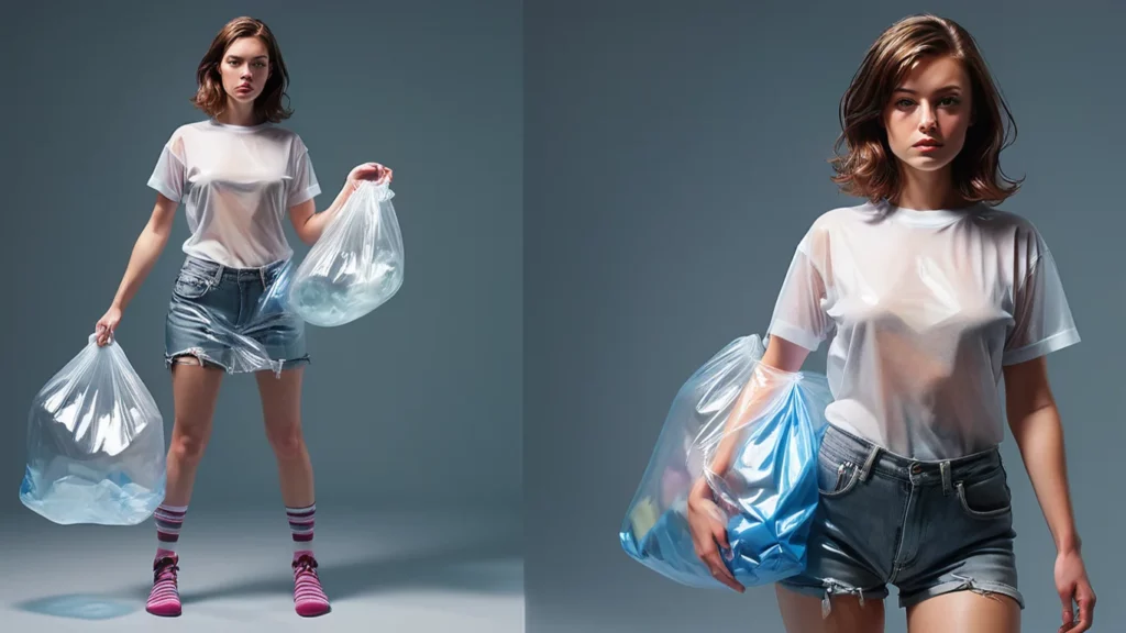 A Woman Dressed In Glass Fashion, Hyper-Realistic Style, Plastic Bag Material, And A Butyrate Plastic T-Shirt And Socks