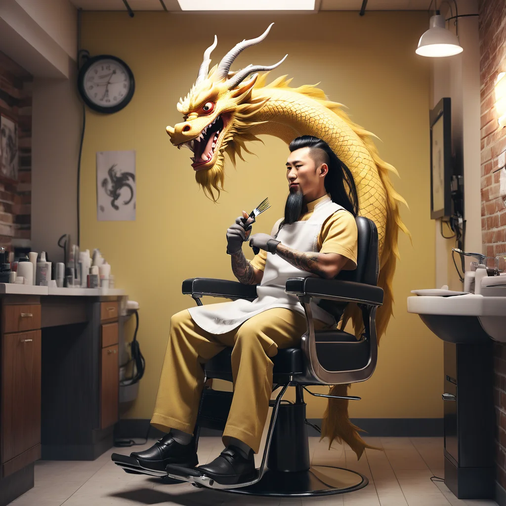 Anthropomorphic Chinese Dragon With Long Hair, Sitting On A Chair And Wearing A Barber Bib