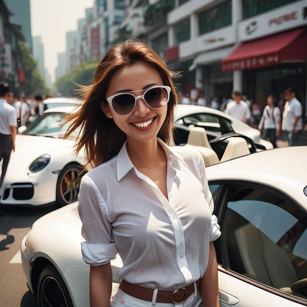 On The Bustling Streets Of Shanghai, A Beautiful Woman Wearing A White Shirt And Sunglasses