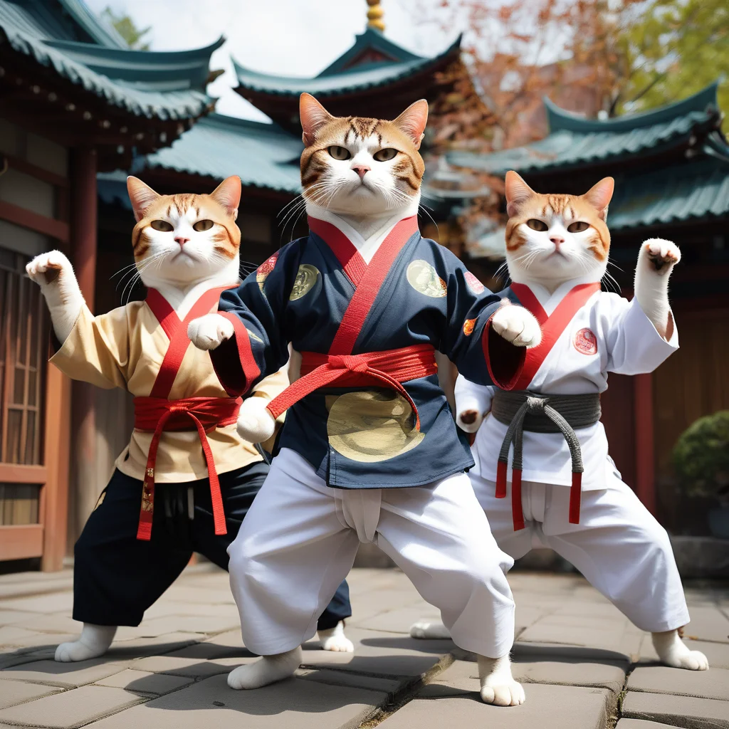 Three Cats Dressed Up Do Full Body Martial Arts Performances