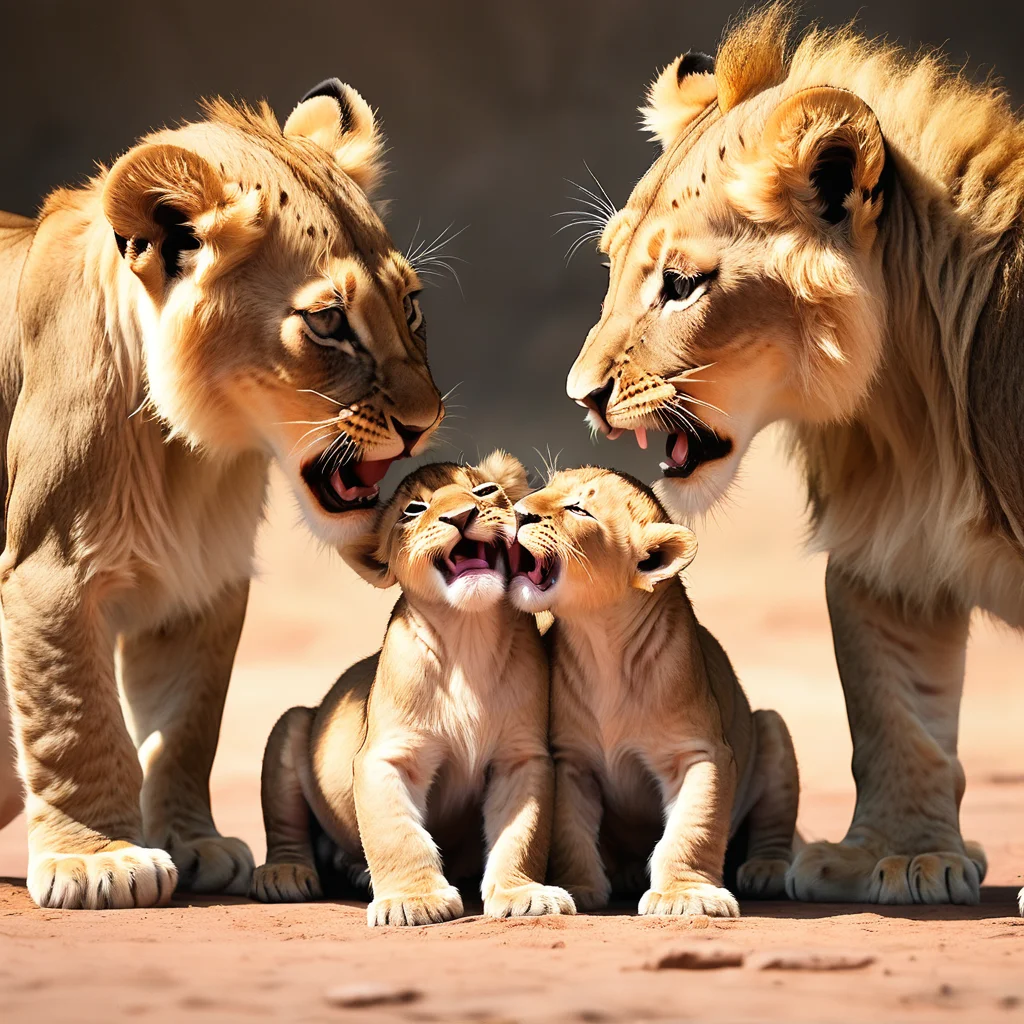 Picture Of Two Kissing Lions Surrounding A Slender, Happy Baby
